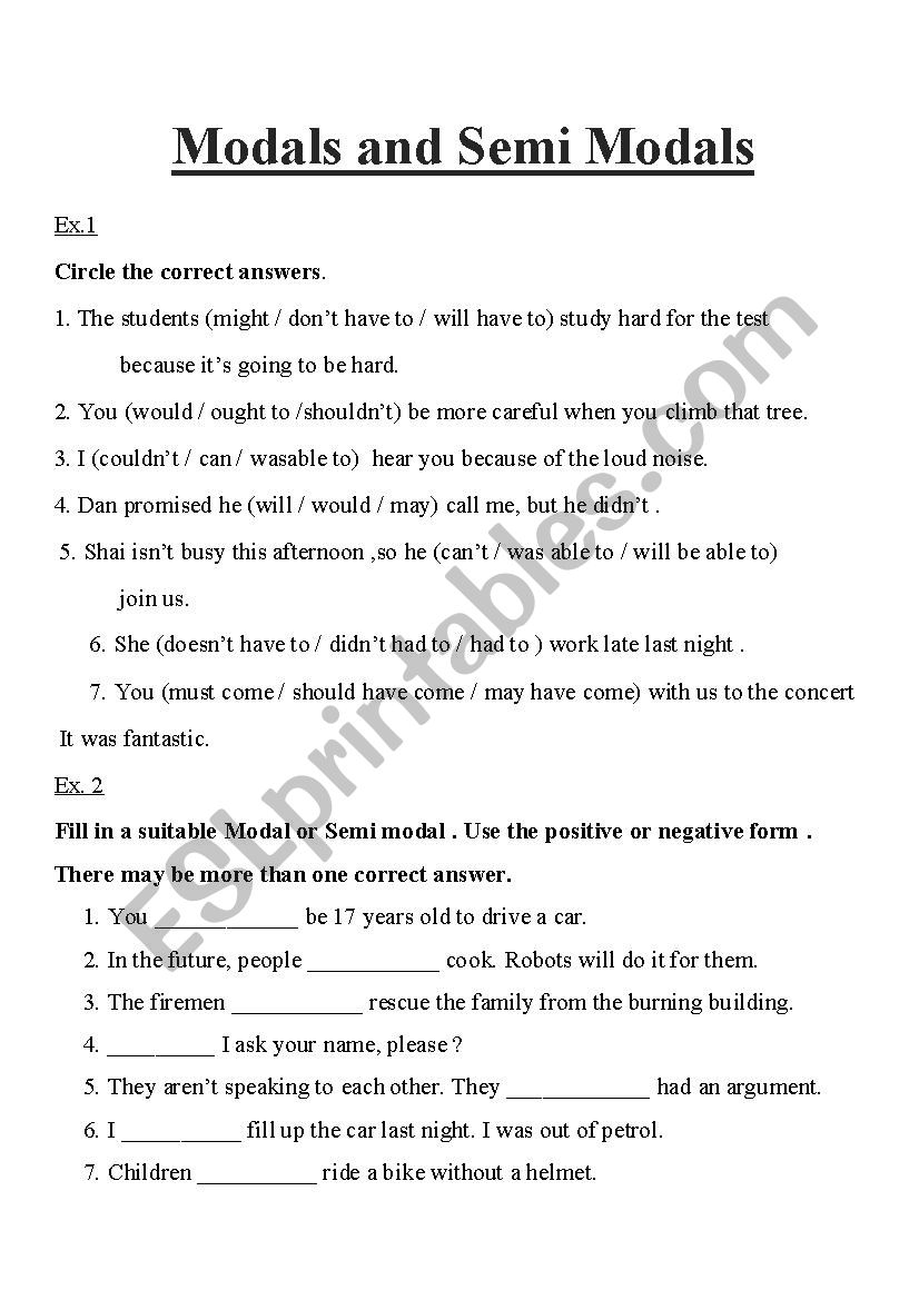 Modals and Semi-Modals worksheet