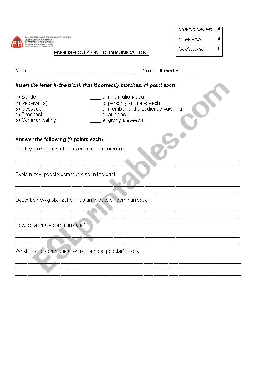 communication quiz worksheet