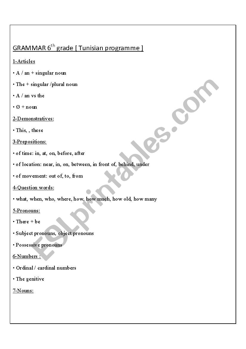 6th grade Tunisian programme worksheet