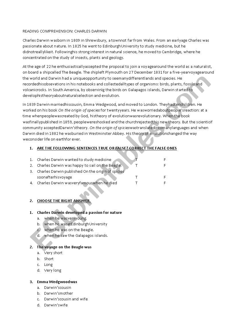 reading comprehension test CHARLES DARWIN