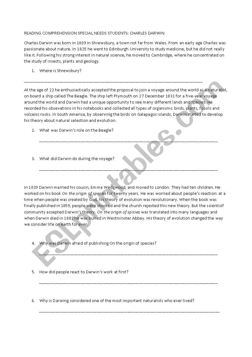 reading comprehension test CHARLES DARWIN for special needs students