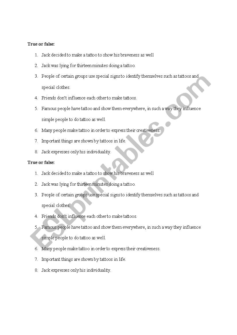 true or false to the text tatto art