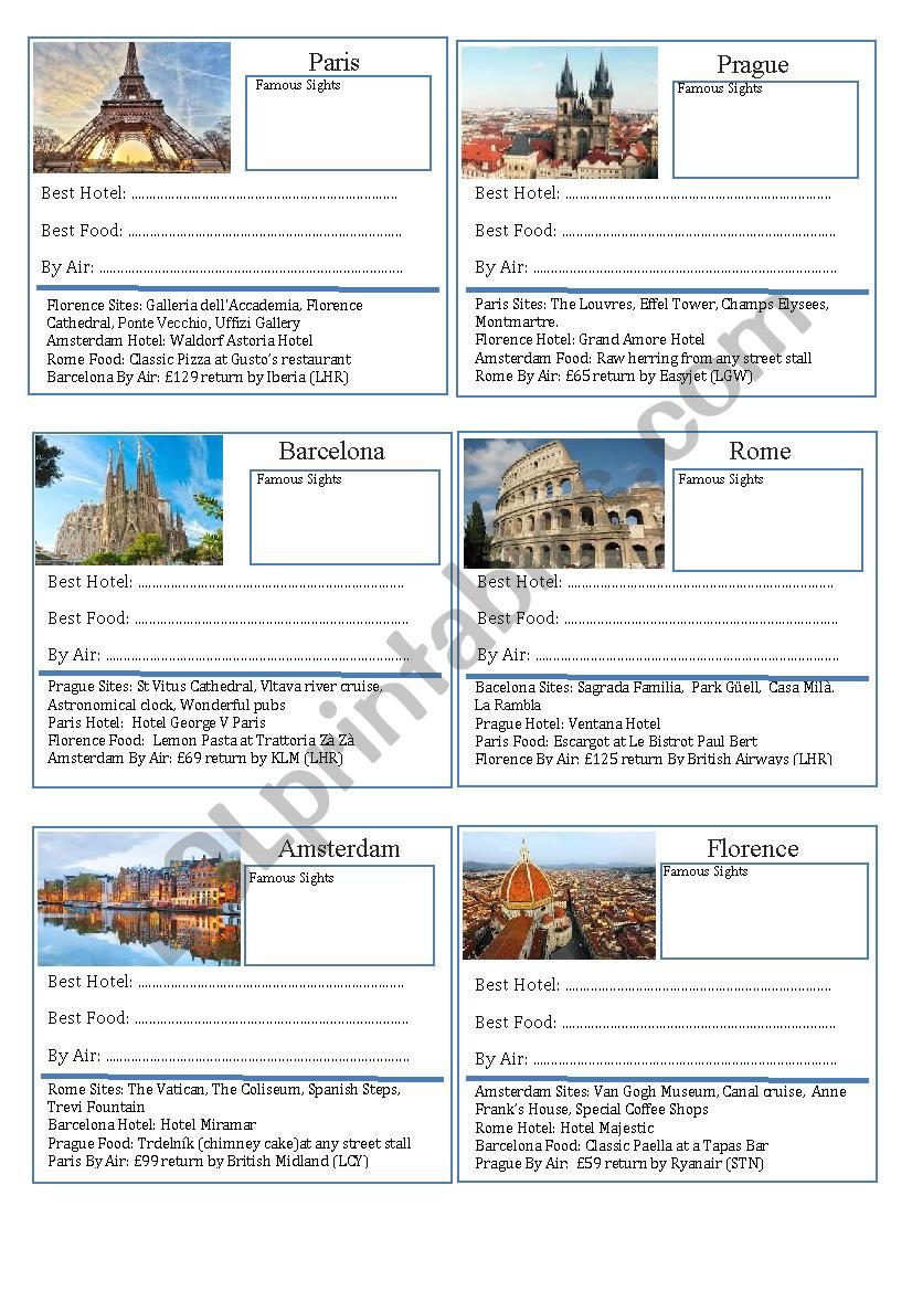 European City Question game worksheet