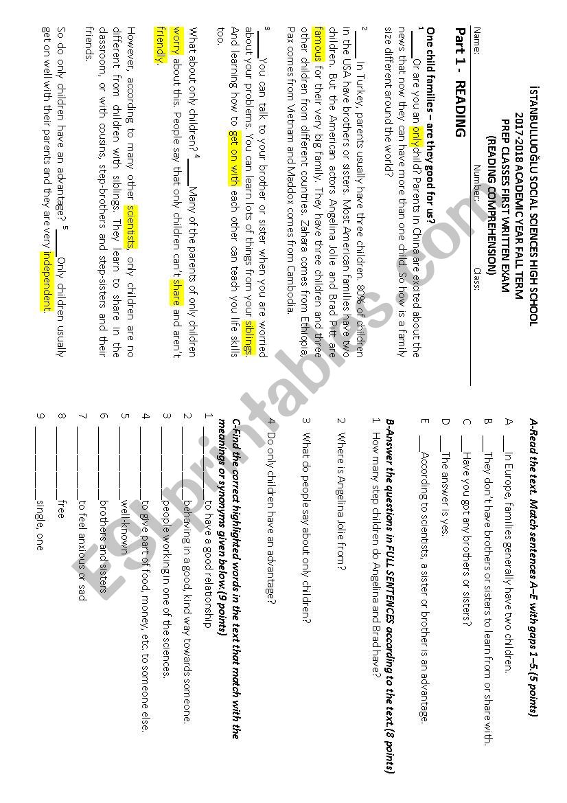 A prep class exam worksheet