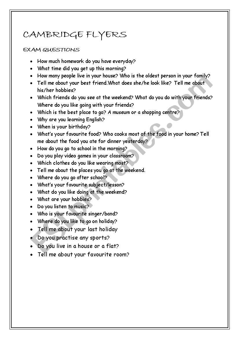 Cambridge Flyers Questions worksheet