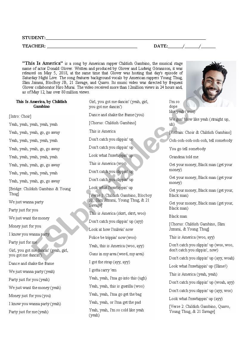 Song This is America worksheet