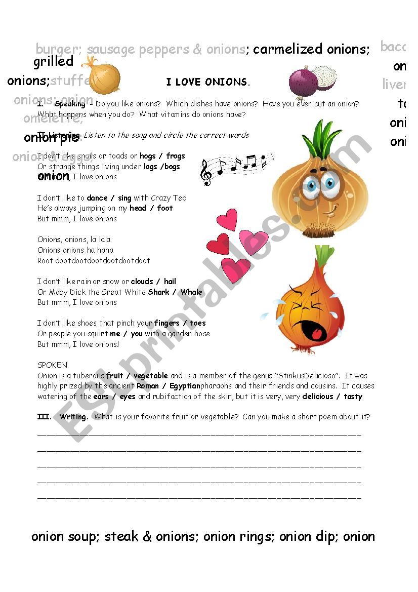 I Love Onions Song Activity worksheet