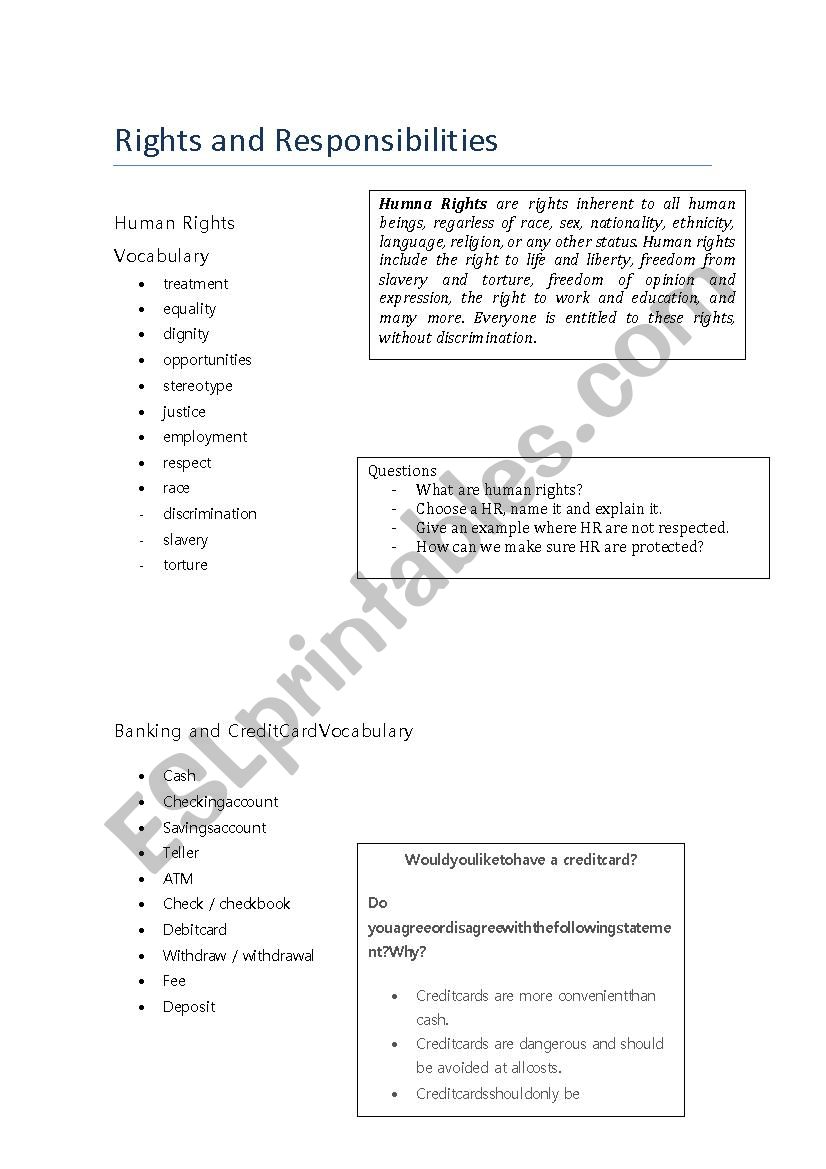 rights and responsabilities worksheet