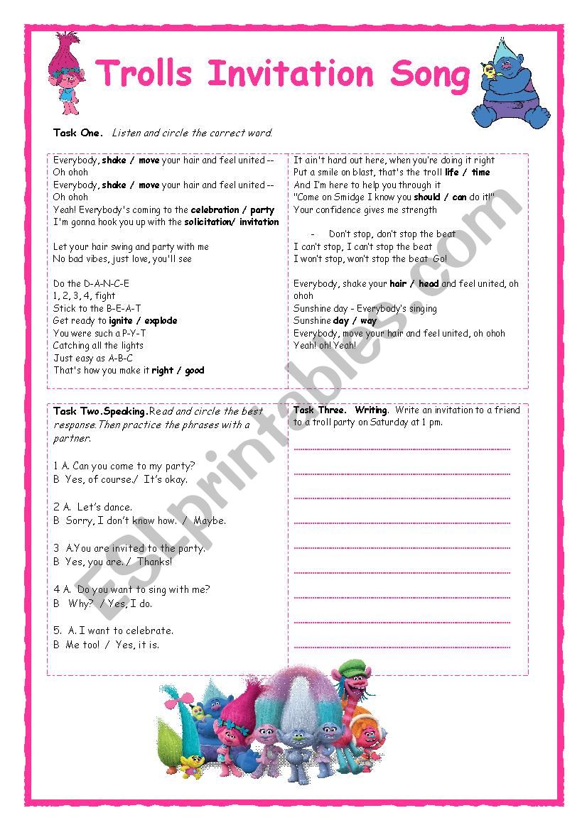 Trolls Invitation Song Activity