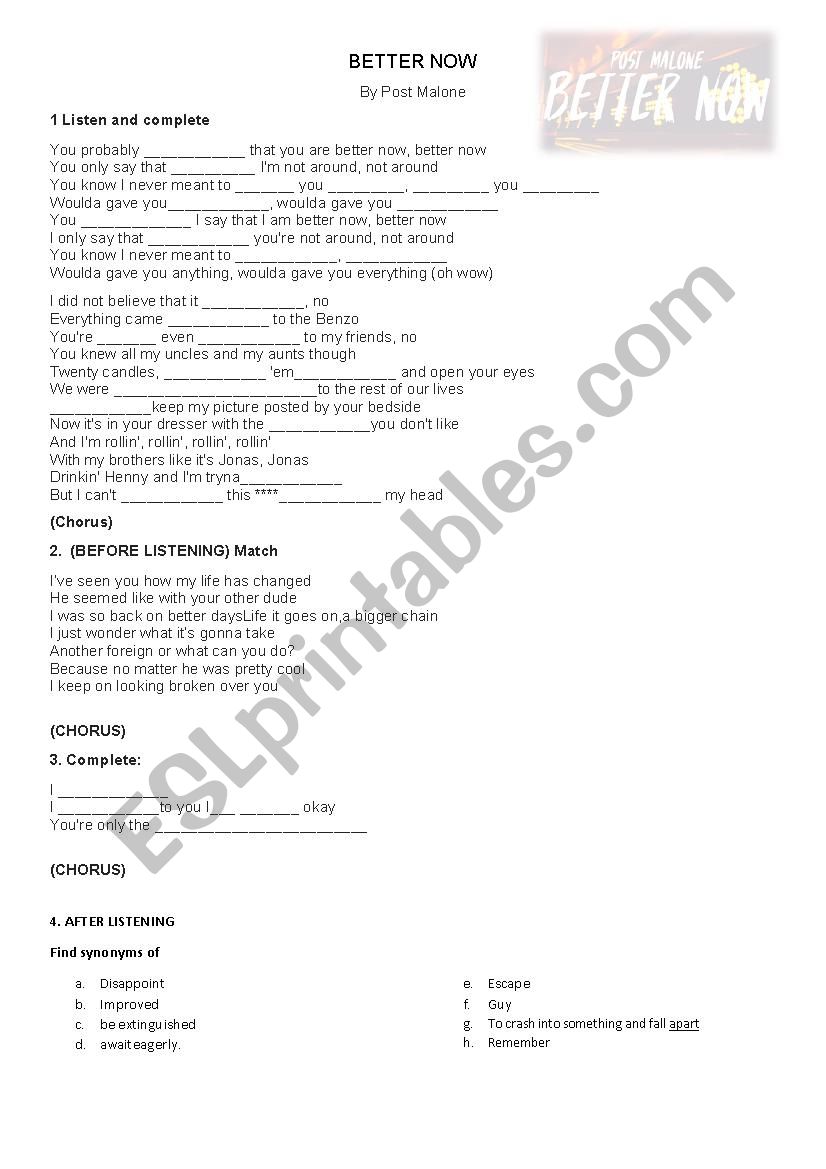 Better now, Post Malone worksheet