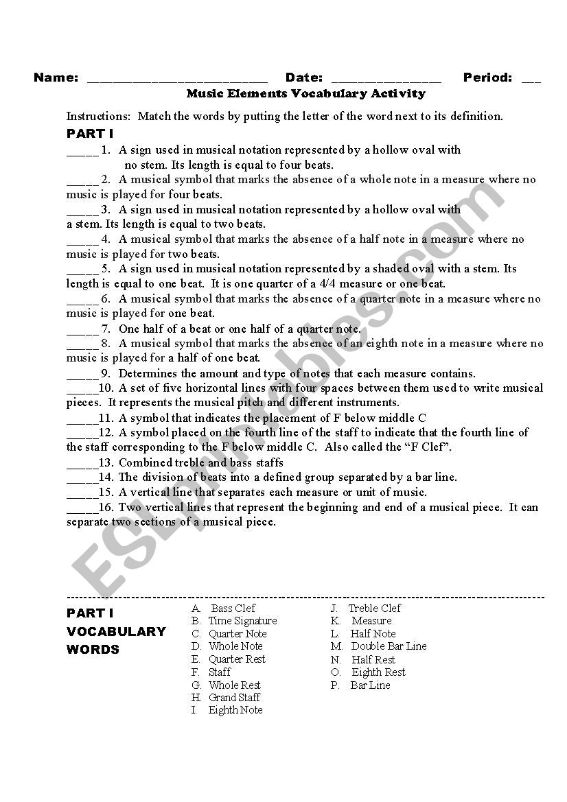 Music Elements Match Worksheet - ESL worksheet by thelmadjones Intended For Elements Of Music Worksheet