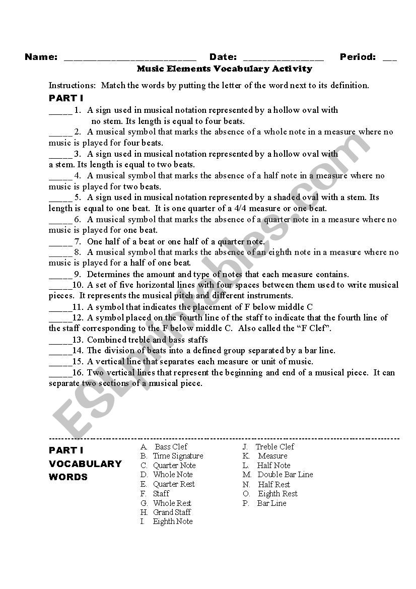 Music Elements Match Worksheet - ESL worksheet by thelmadjones For Elements Of Music Worksheet