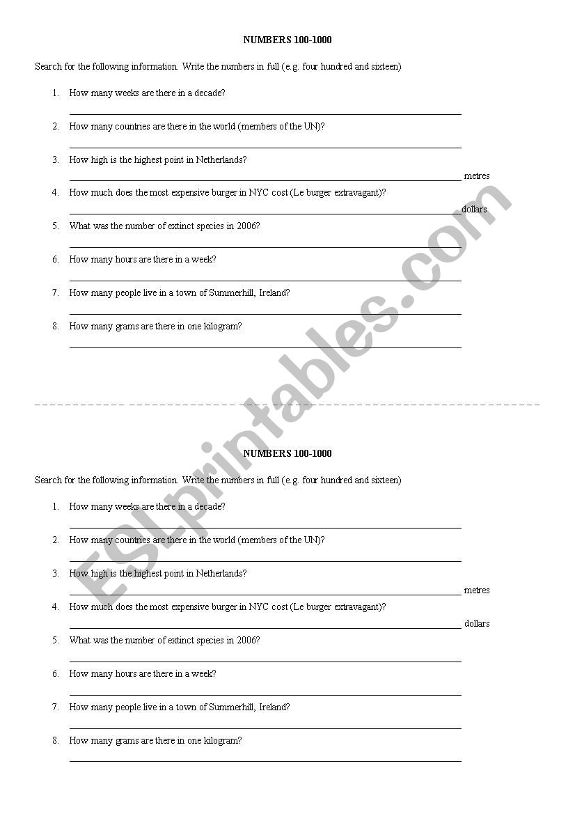 Numbers 100-1000 worksheet