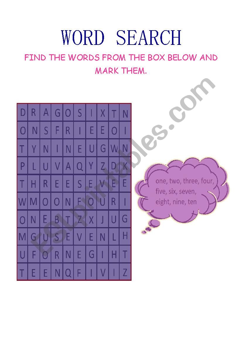 Word search - numbers worksheet