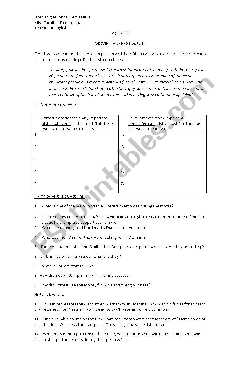 FORREST GUMP worksheet