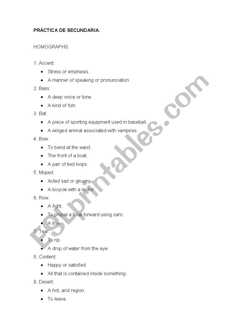 HOMOGRAPHS worksheet