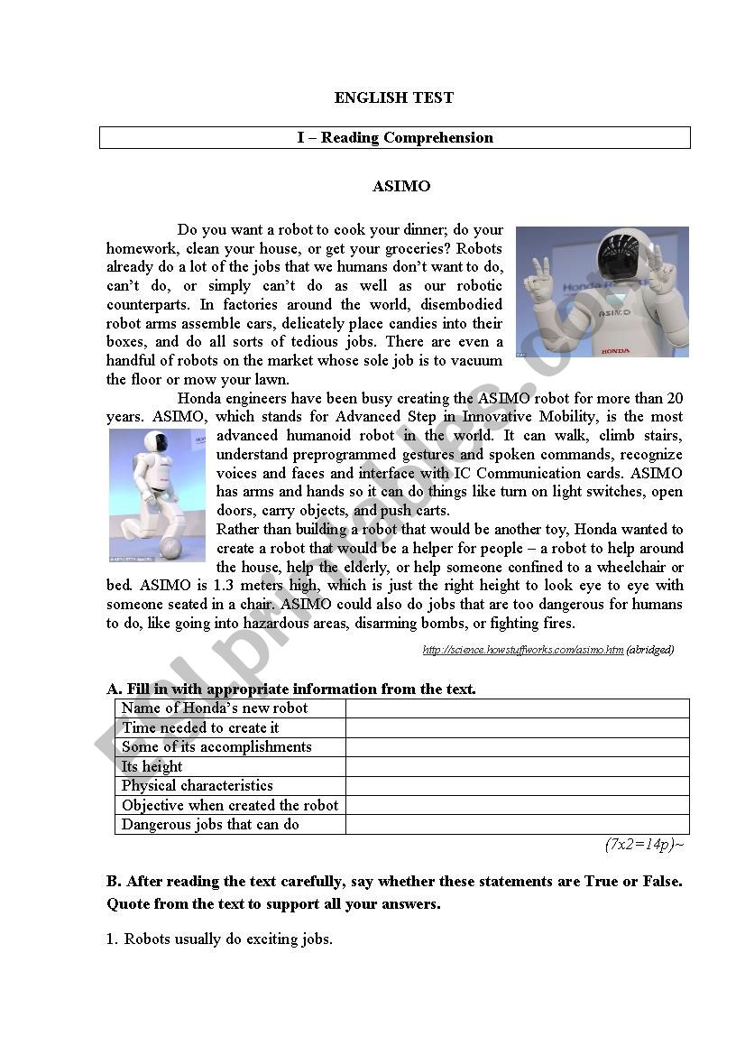 Test on robots 1 worksheet