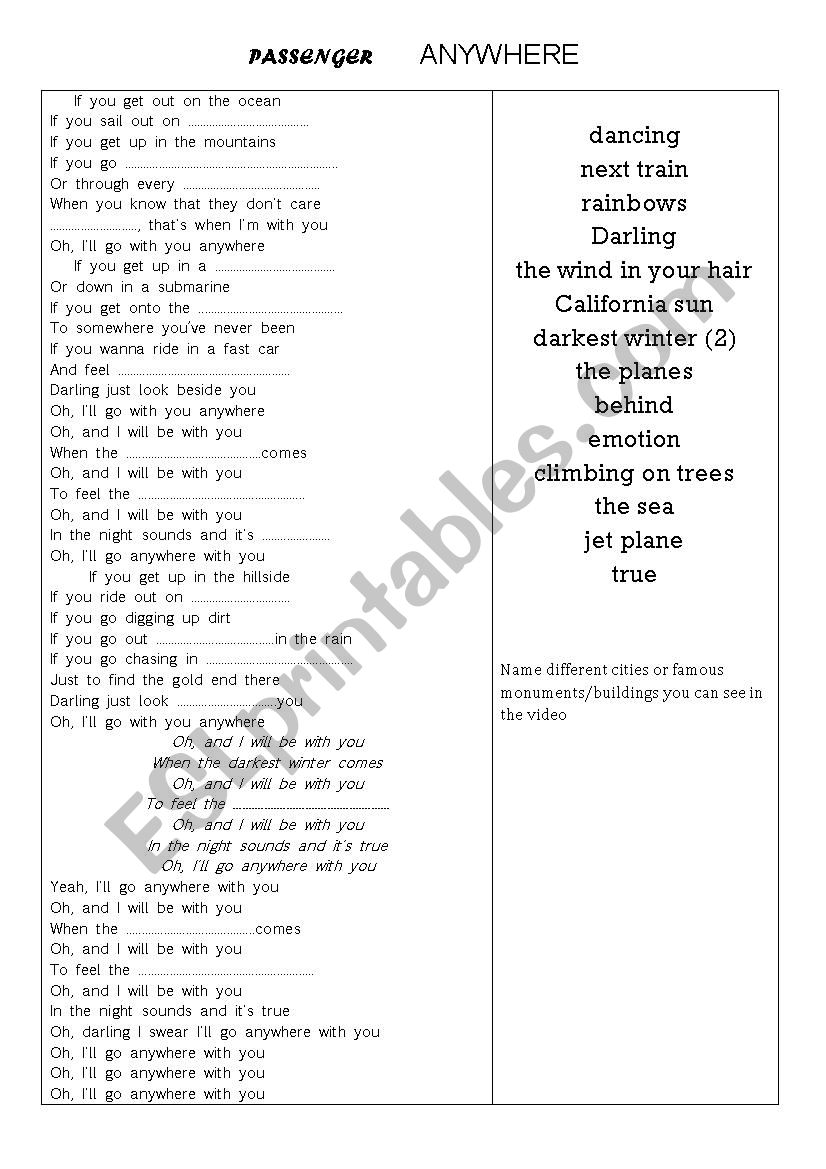 ANYWHERE by Passenger - ESL worksheet by isateo