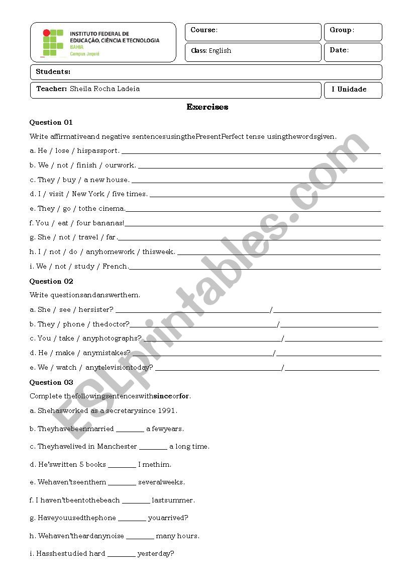 Exercises - Present Perfect worksheet