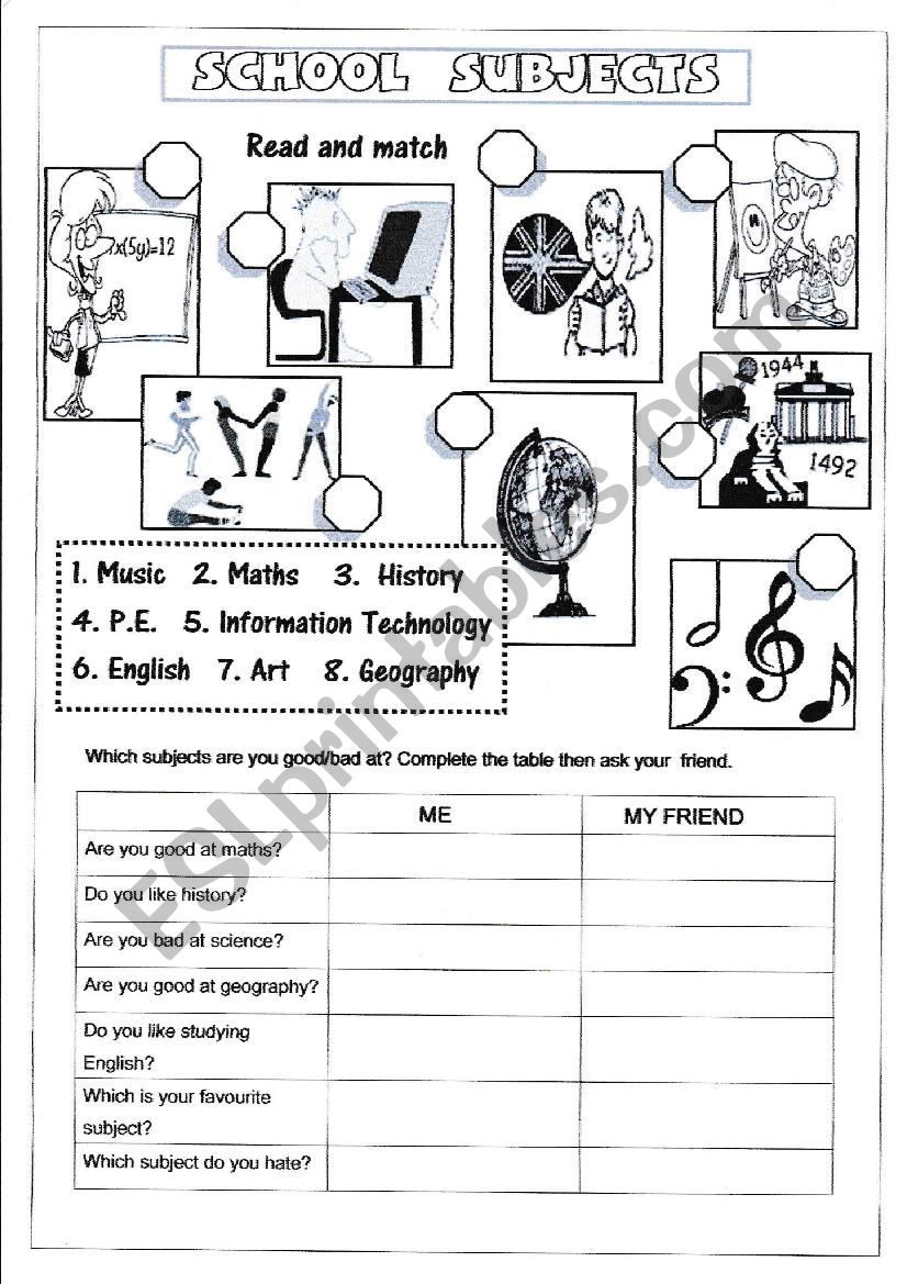 school subjects worksheet