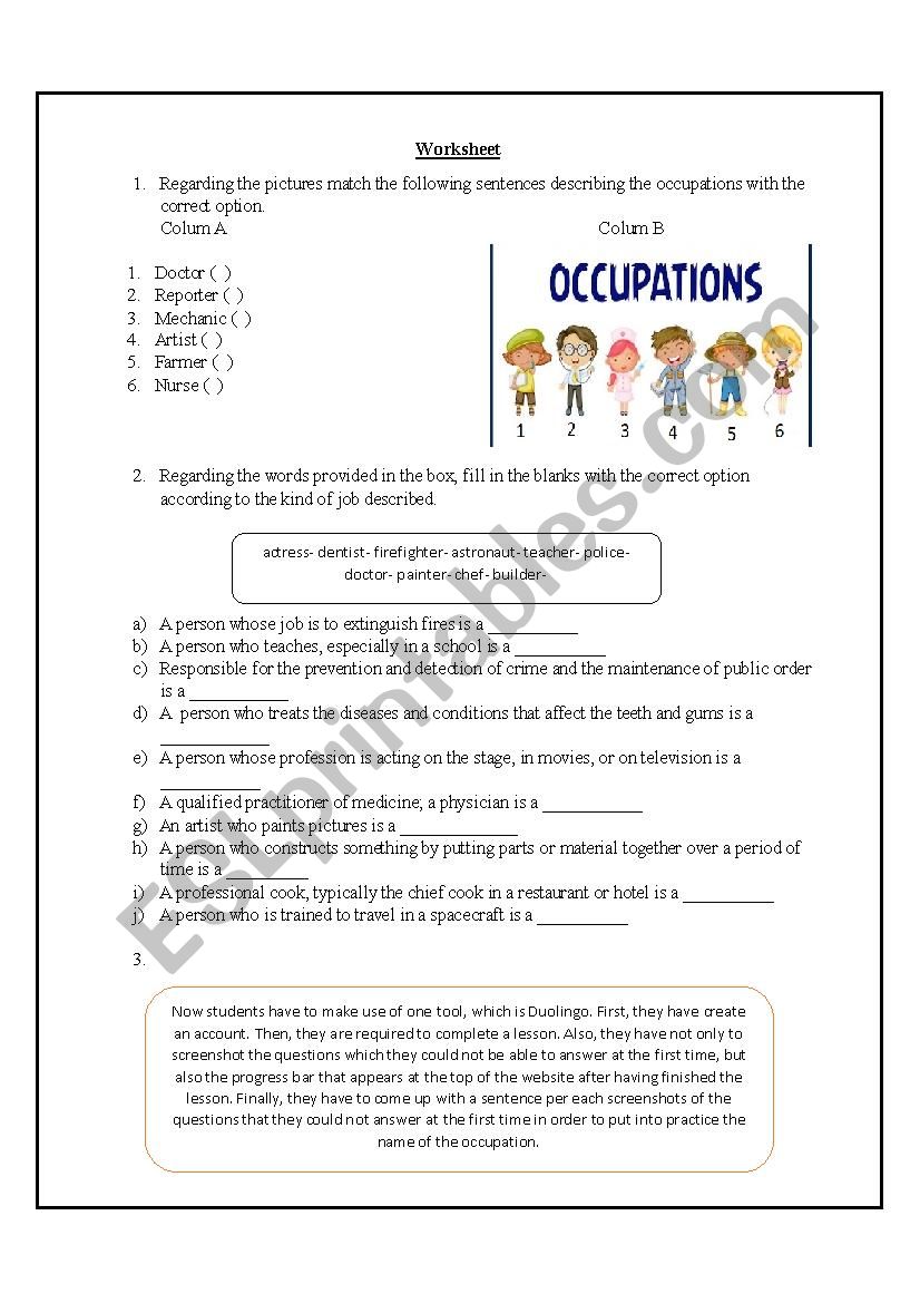 Occupations worksheet worksheet