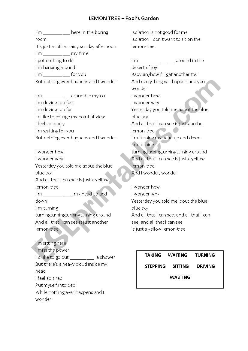 LEMON TREE -  FOOLS GARDEN worksheet