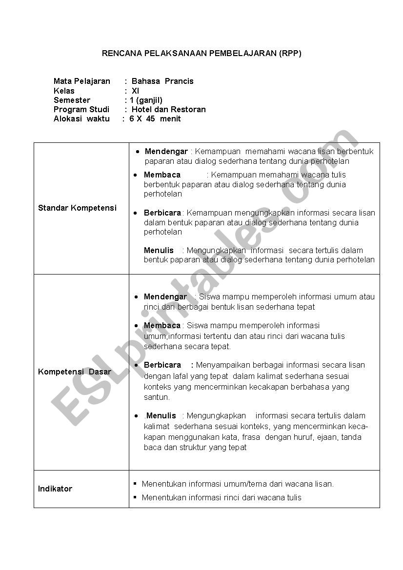 Lesson Plan for French Lesson In Bahasa Indonesia