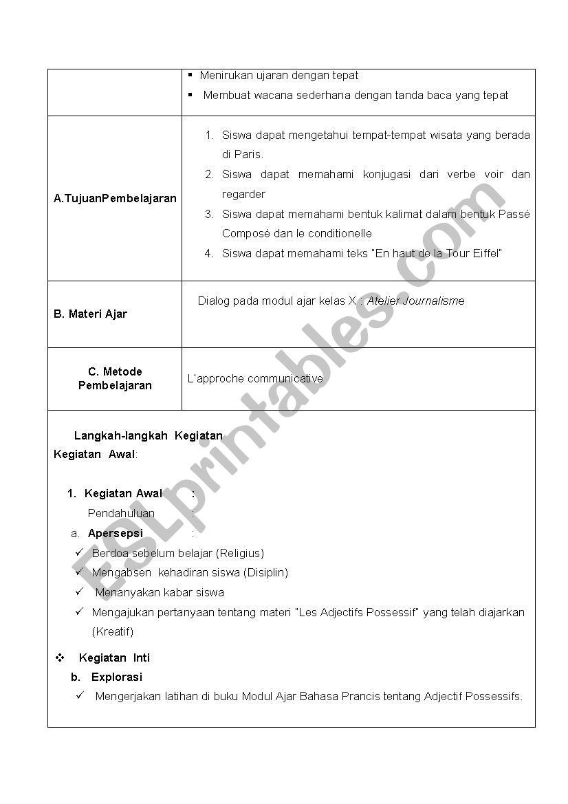 Lesson Plan For French Lesson In Bahasa Indonesia Esl Worksheet By Azzahra2803