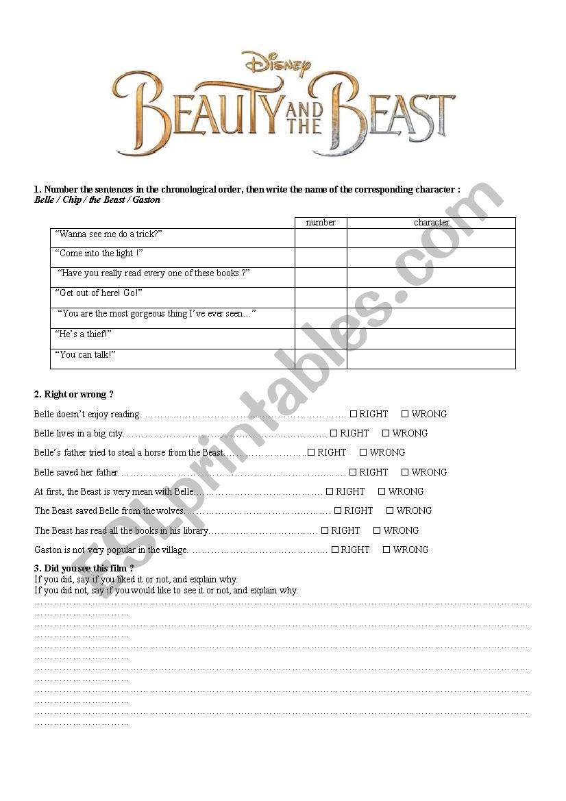 Beauty & the Beast - Trailer worksheet