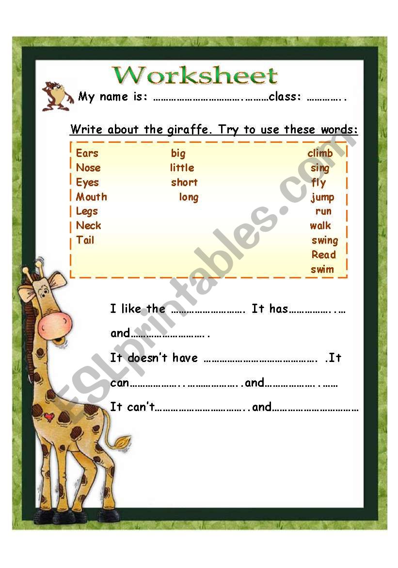 write about giraffe worksheet