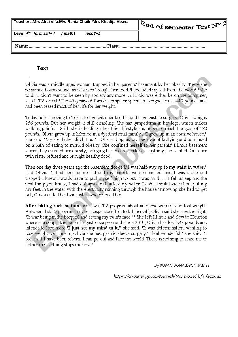 end semester test 4th form worksheet