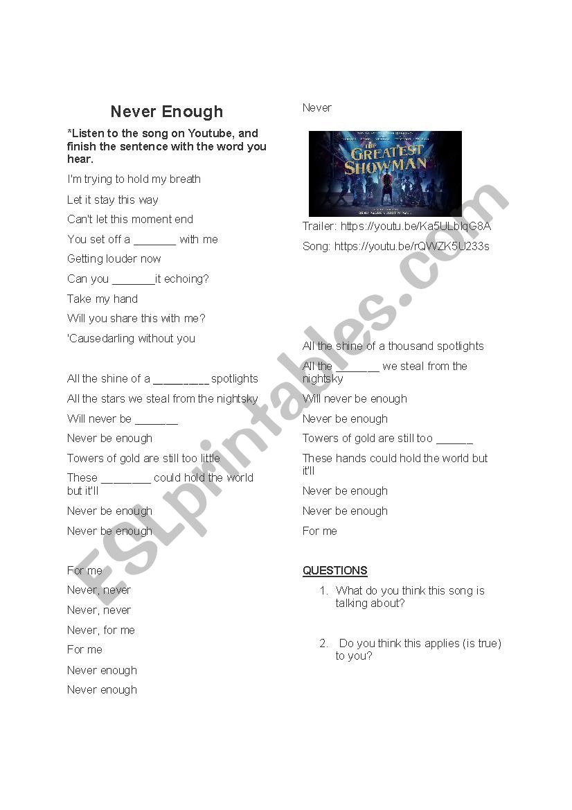 Never Enough Song Gap  worksheet