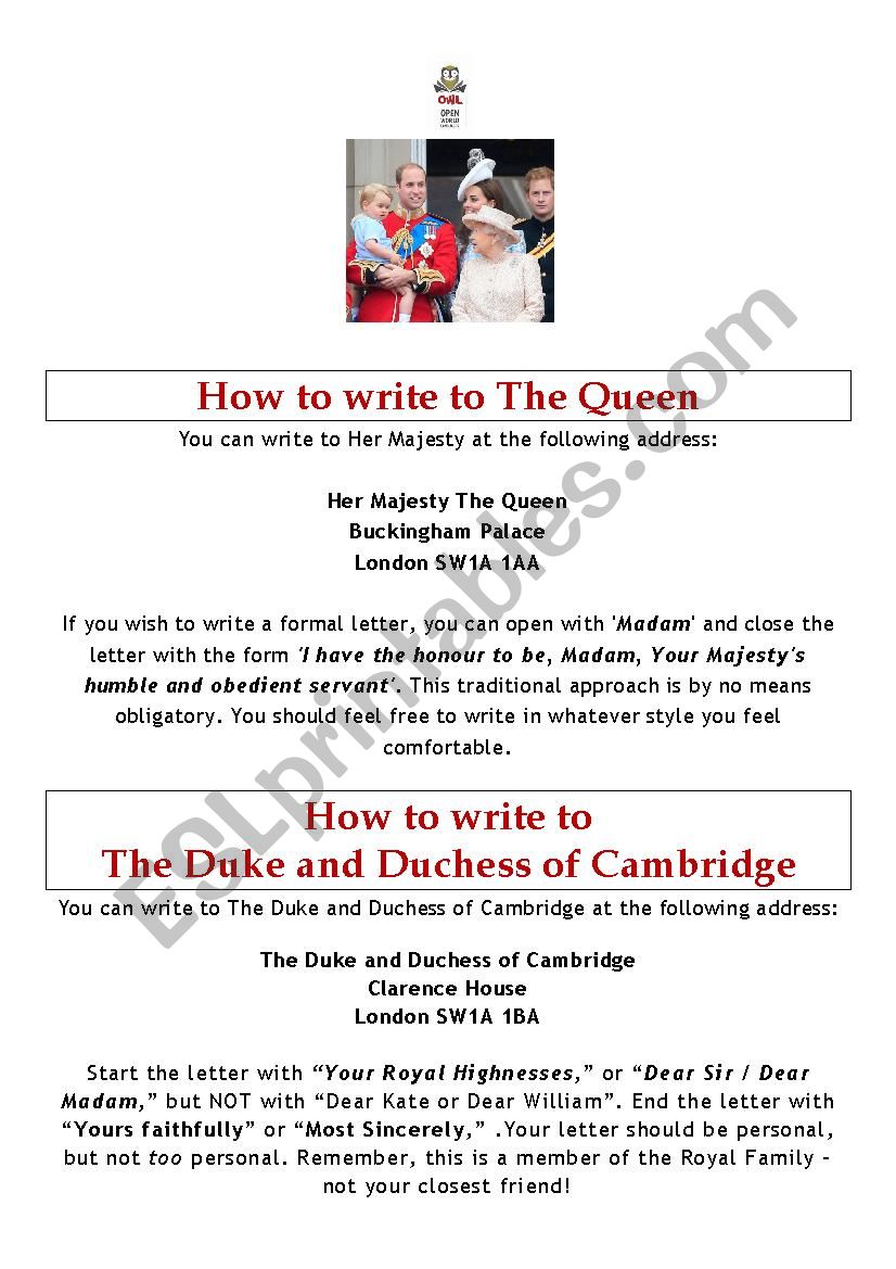 How to Write to the Queen - ESL worksheet by owl20