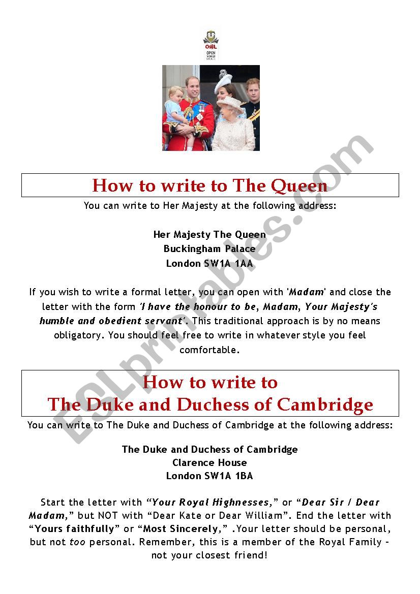 How to Write to the Queen - ESL worksheet by owl26 How to Write to the Queen - ESL worksheet by owl26