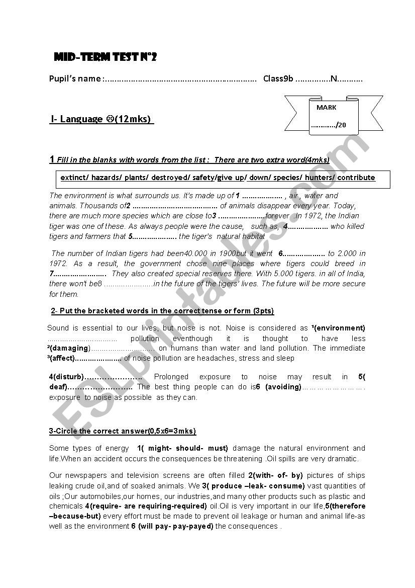 test 9th formers worksheet