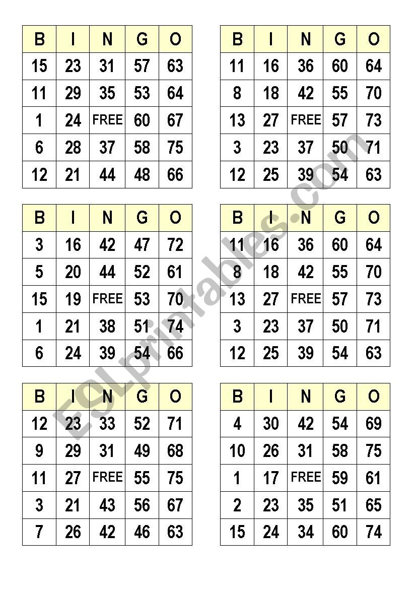 Numbers bingo cards worksheet