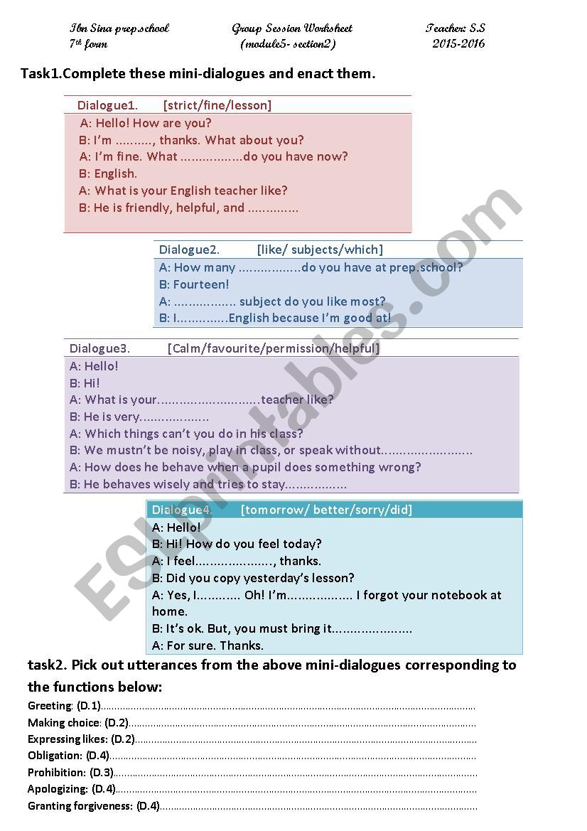 7th form mini-dialogues worksheet