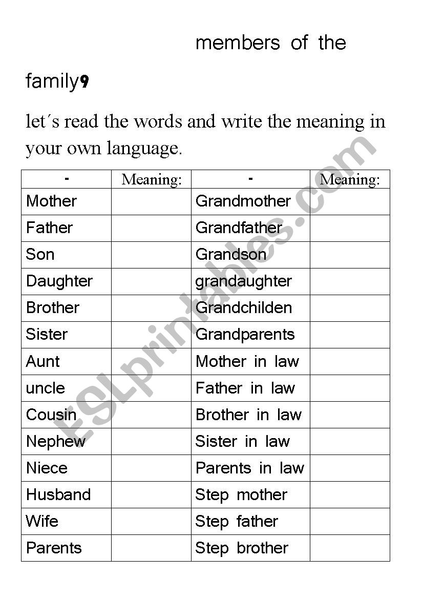 Full family members list worksheet