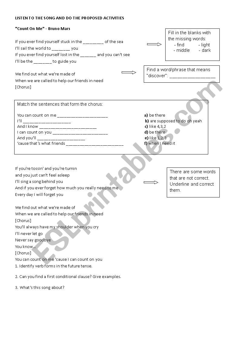 Count on me by Bruno Mars worksheet