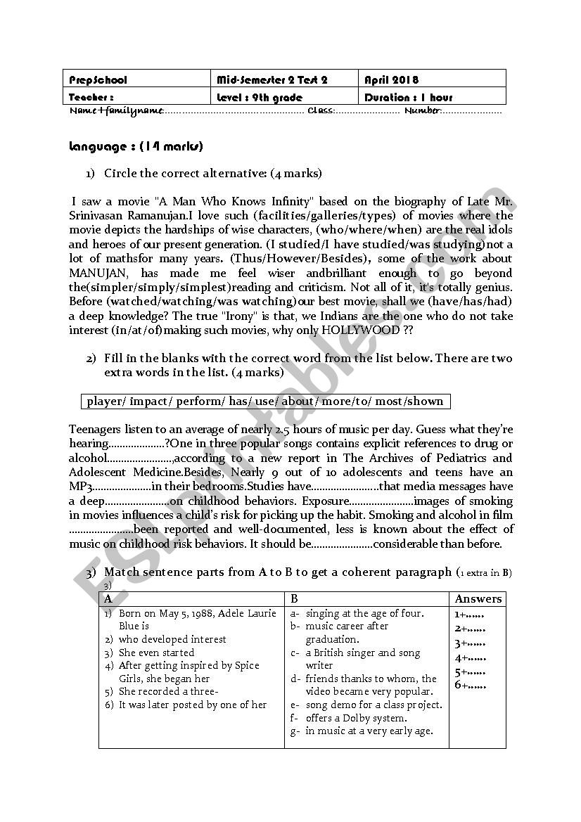 Mid-semeter 2 test 2 _ Level 9th grade