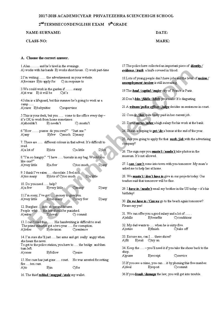 second term second exam b1 2018