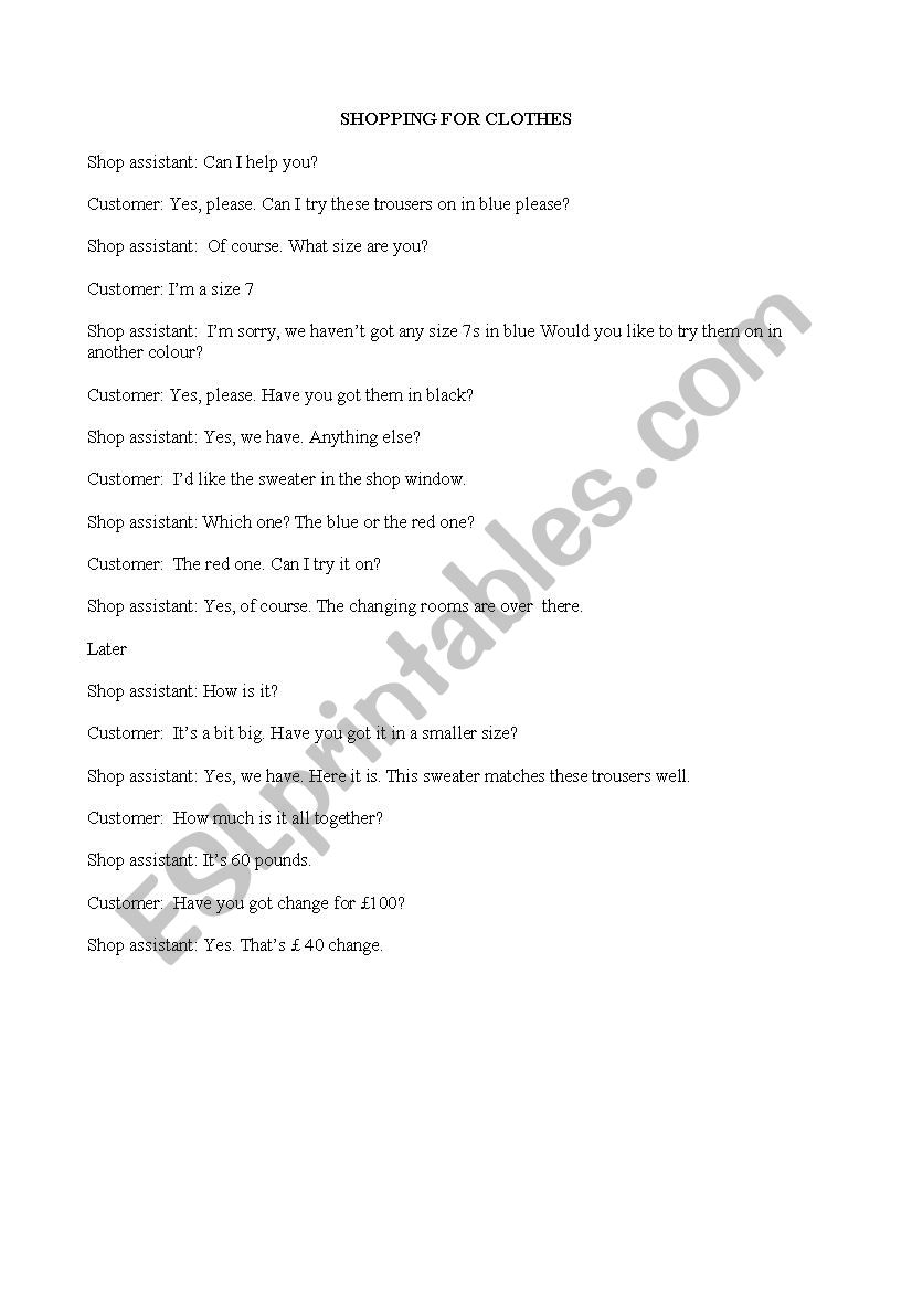 example of dialogue in a clothes shop