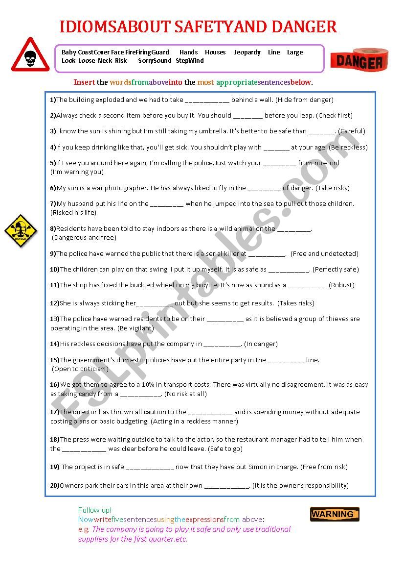 Idioms about safety worksheet