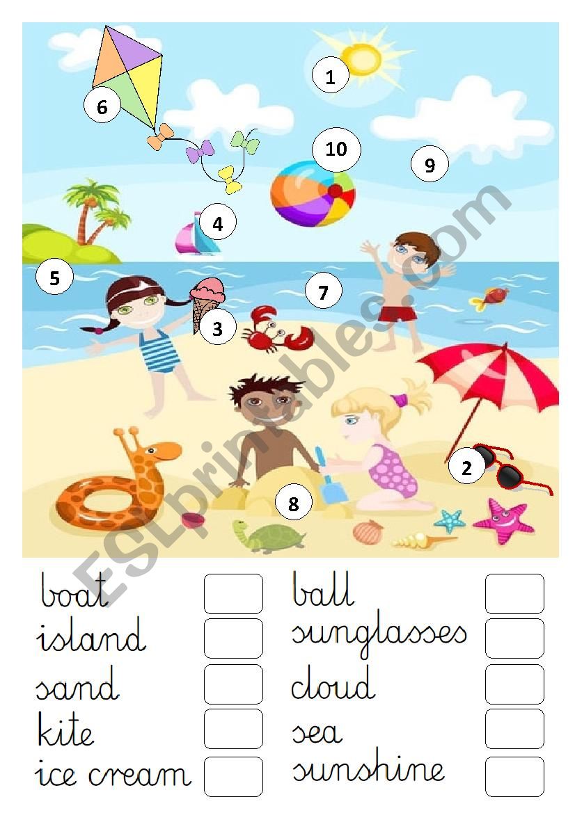 Match the beach. Summer Holidays задания. Задания по английскому на тему at the Beach. Beach English for Kids. Worksheet на тему at the Beach.