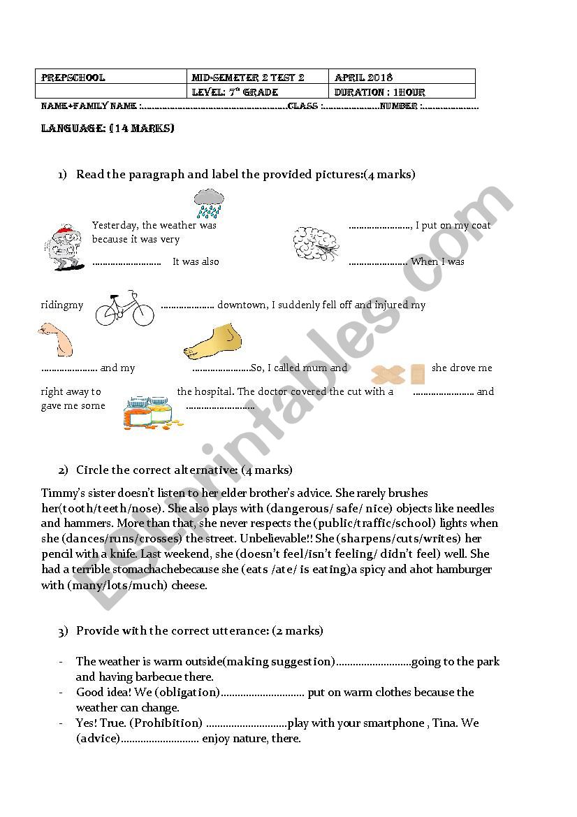 mid term or mid semester test 7th form