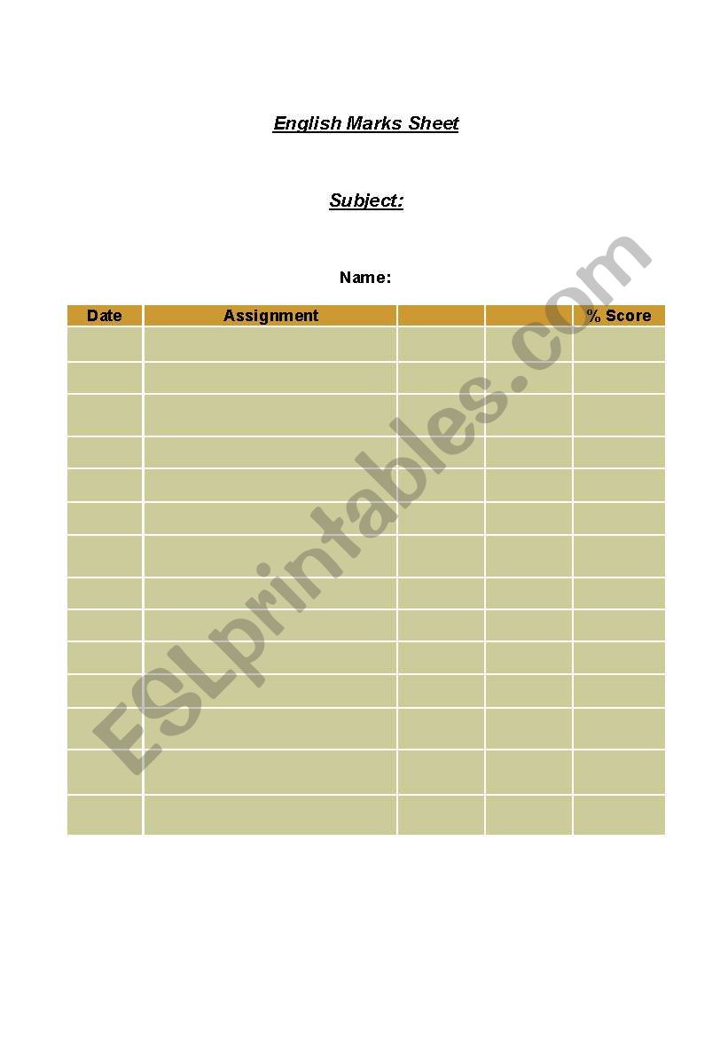 marks sheet worksheet