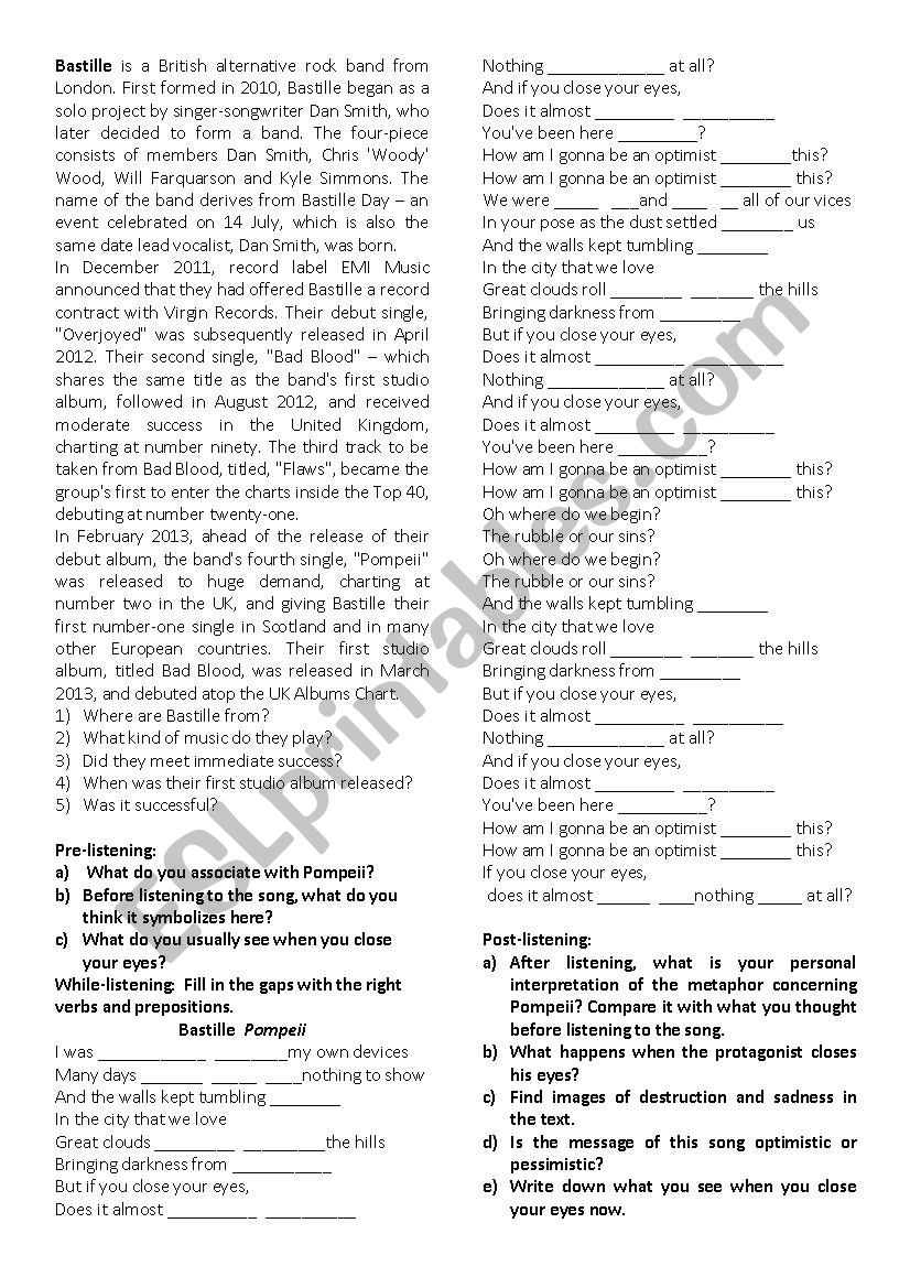 Pompeii by Bastille song worksheet
