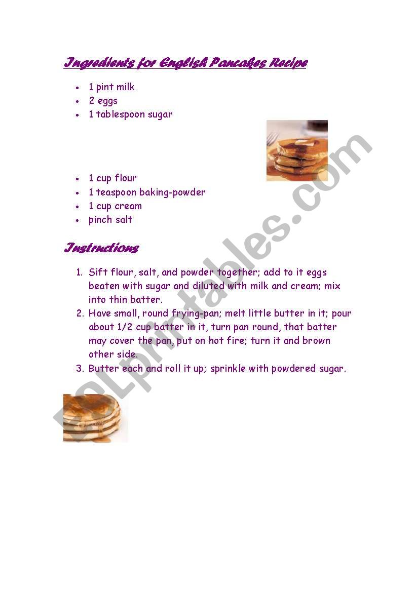 recipe pancakes worksheet