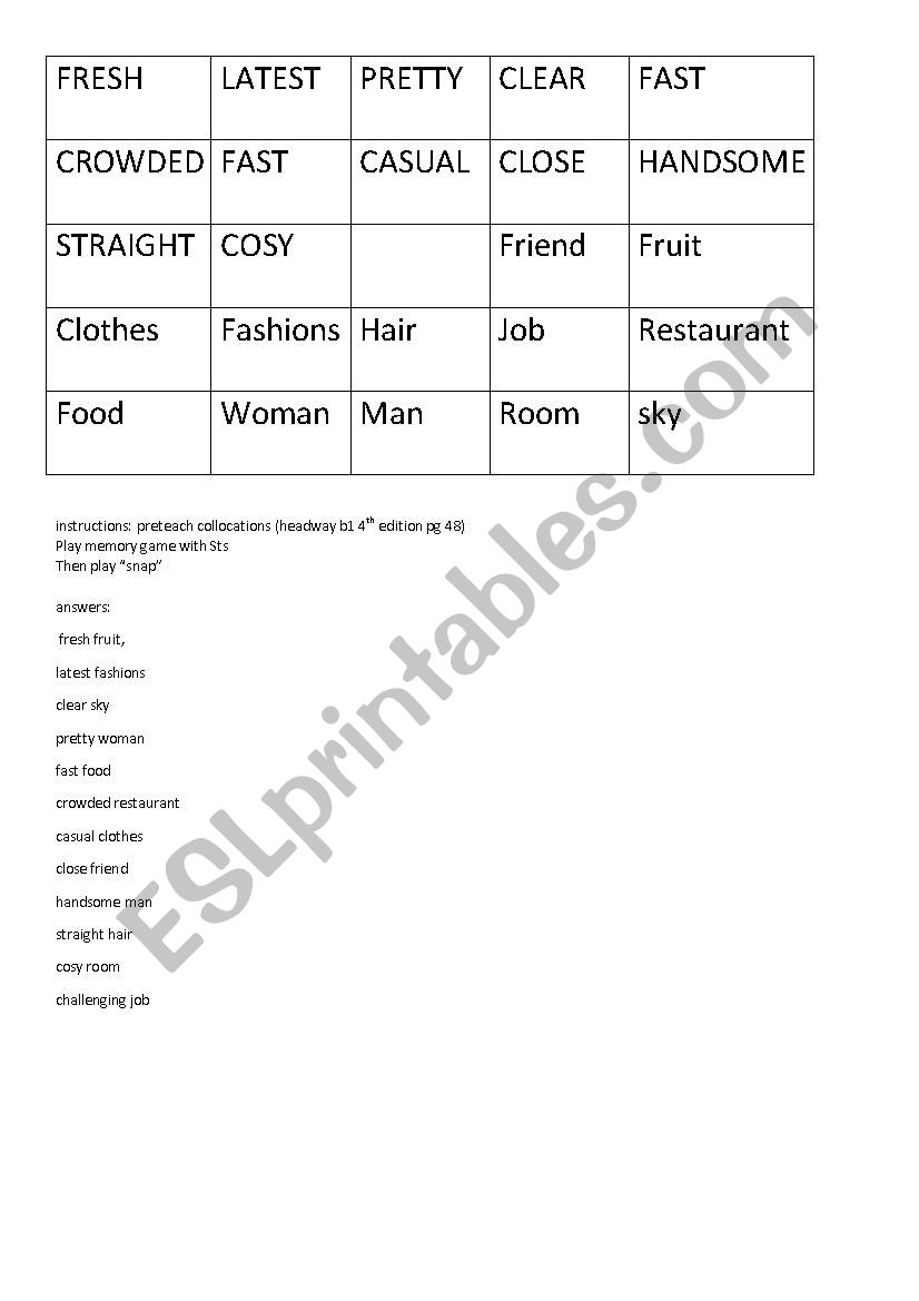 Memory game - adjective collocations