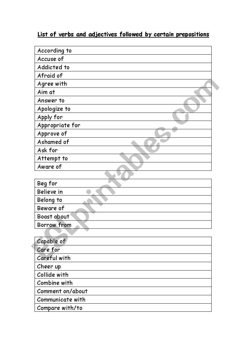 list of verbs and adjectives worksheet